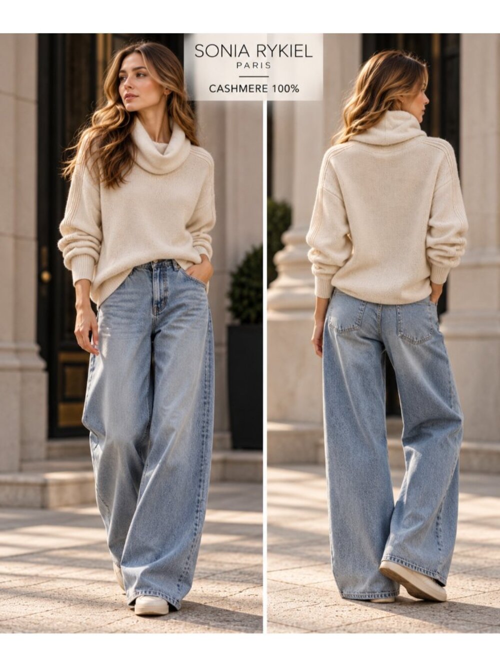 Sonia Rykiel Paris 100% Cashmere Ivory Turtleneck Sweater Size S